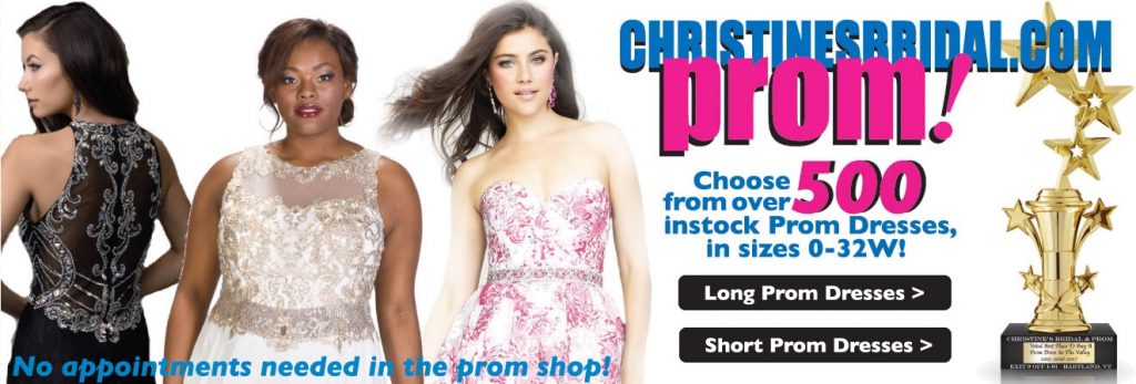 Prom dresses at Christine's Bridal & Prom • Serving all of Vermont and NH. Prom dresses, long prom dresses, short prom gown and plus size prom dresses.